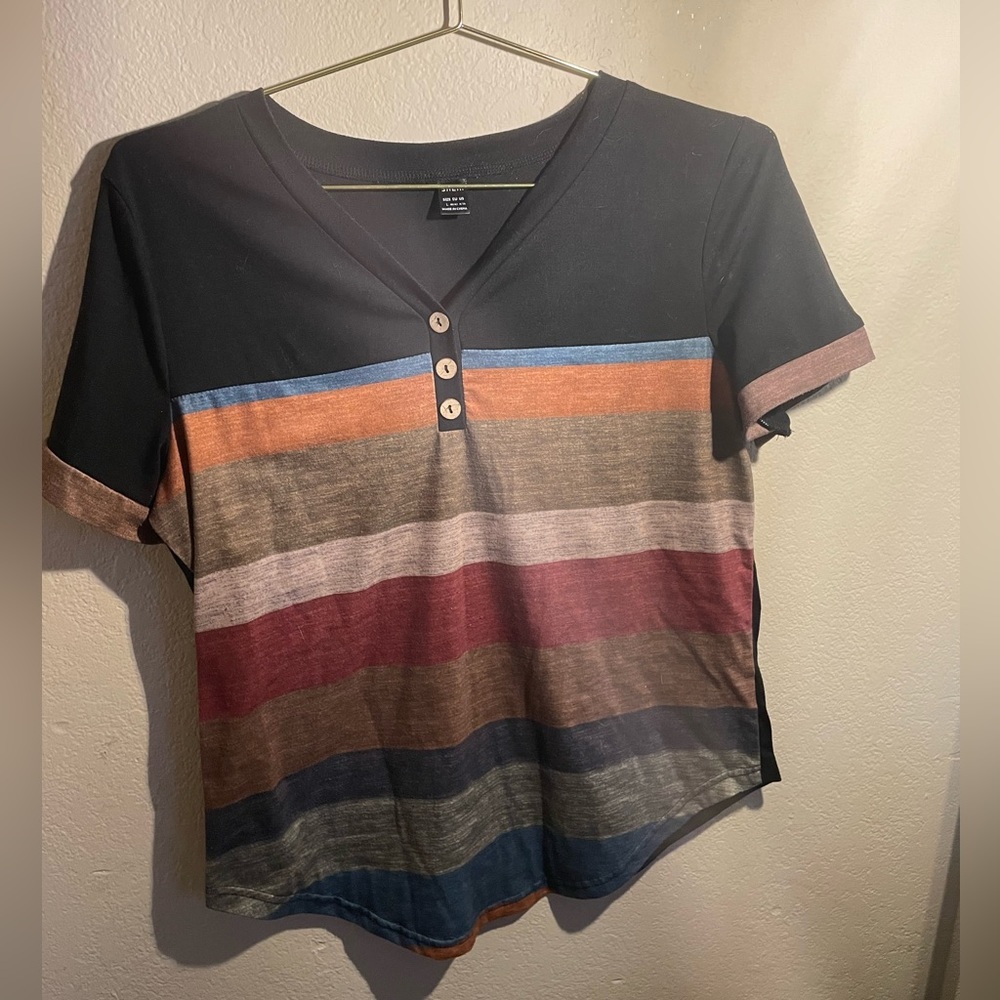 Shein women’s short sleeve T-shirt, stripes black back-Large